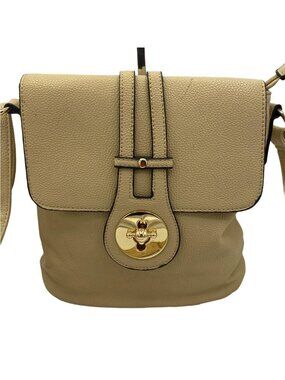 Beige Pebbled Vegan Leather Crossbody Bag Gold Turn Lock Flap Purse